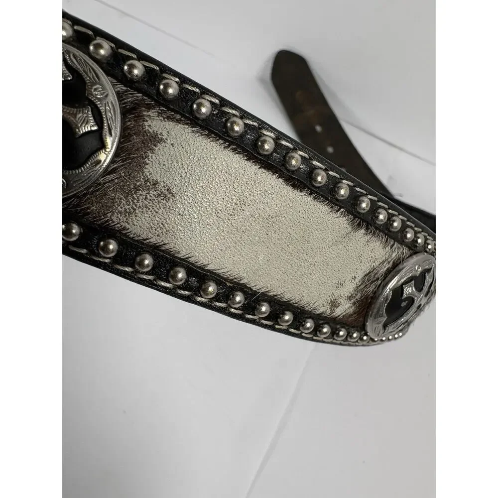3D Hair On Hide Western Concho Belt 34 Hand Tooled Leather Cross USA